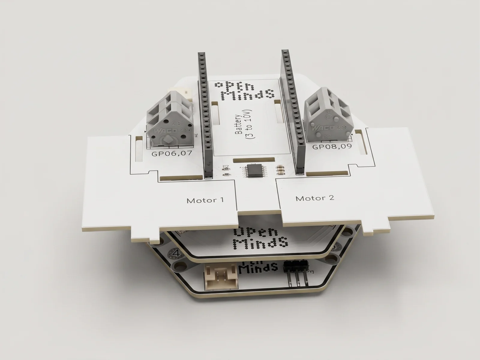 The Motor Driver hat stacked on the main board, photographed at an angle that shows both layers.